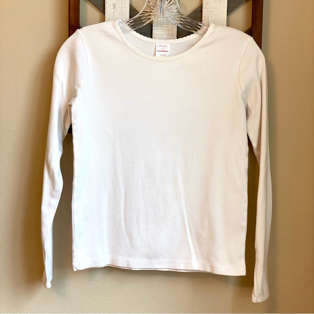EUC M 150 Hanna Andersson Long Sleeve Girls Tee Scallop Edging Trim White
